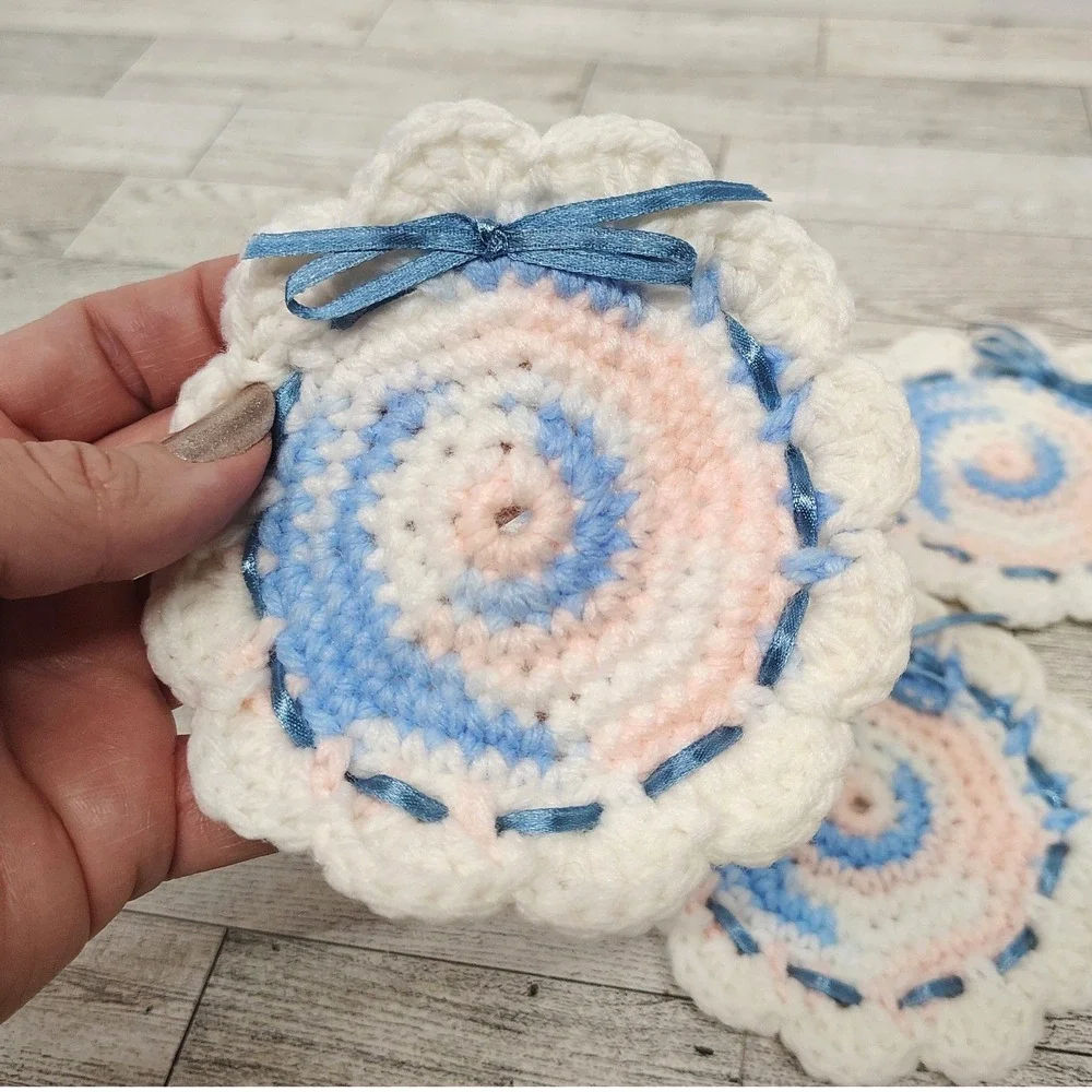Handmade Crochet Coasters (Set of 4) Pastel Blue Pink Ribbon Accent Cottagecore‎